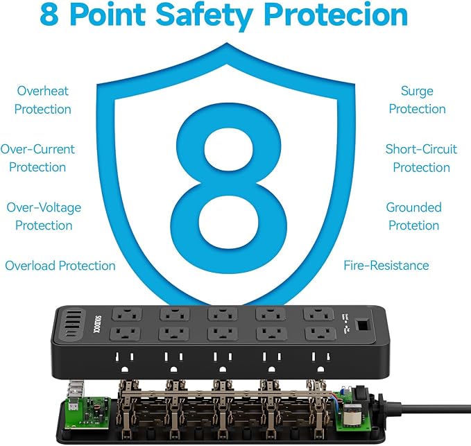 20AC Power Strip with USB Ports, Heavy Duty Surge Protector Power Strip 15 Amp, 6Ft Extension Cord with Multiple Outlets