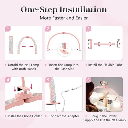 Yokilly Half Moon Light for Nail Desk: 29" Foldable Half Moon Nail Desk Lamp with Phone Holder for Beginner - Arch Tech Light with 3 Color Modes & 10 Brightness for Manicure Salon (Pink Diamond)