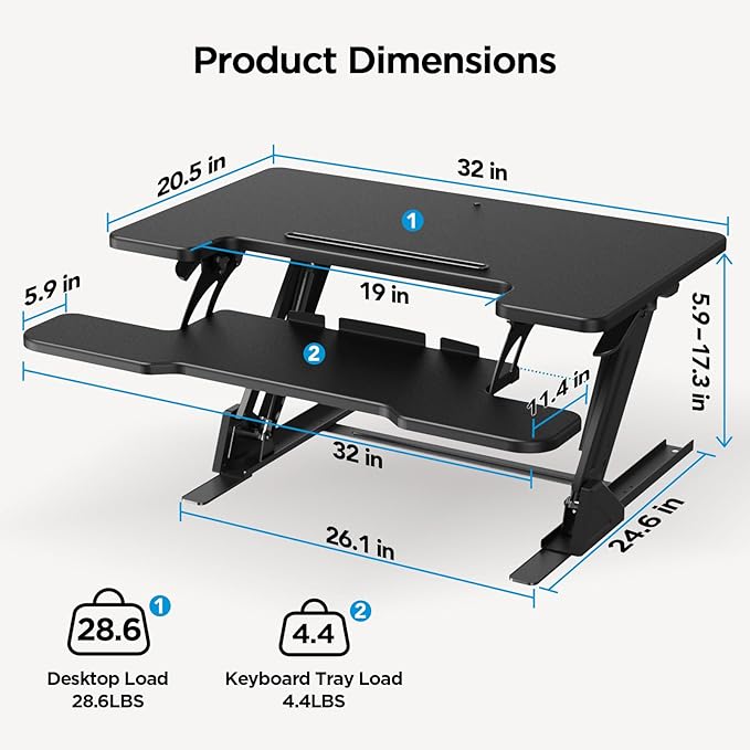 HUANUO 32" Z Shaped Standing Desk Converter with Wide Keyboard Tray, Black | Instant Sit-Stand Convert,Fits Dual Monitors,Dual Gas Spring Lifter,Wobble-Free Z-Steel,Quick Keyboard Install