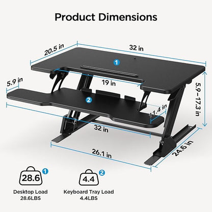 HUANUO 32" Z Shaped Standing Desk Converter with Wide Keyboard Tray, Black | Instant Sit-Stand Convert,Fits Dual Monitors,Dual Gas Spring Lifter,Wobble-Free Z-Steel,Quick Keyboard Install