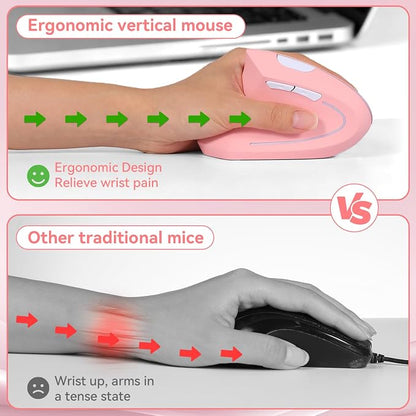 Left Handed Mouse, 2.4G Wireless Left Handed Ergonomic Mouse with 800/1200/1600 Adjustable DPI, 6 Buttons Wireless Vertical Mouse for MacBook/Laptop/PC/Desktop (Pink)