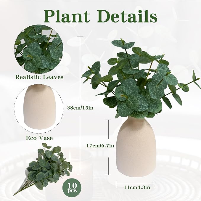 15" Artificial Eucalyptus Stems Potted Plant,Realistic Indoor Greenery Fake Silk Eucalyptus Stem with Vase,Small Minimalist Faux Bathroom Desk Plants in Vase for Home Office Shelf Decor