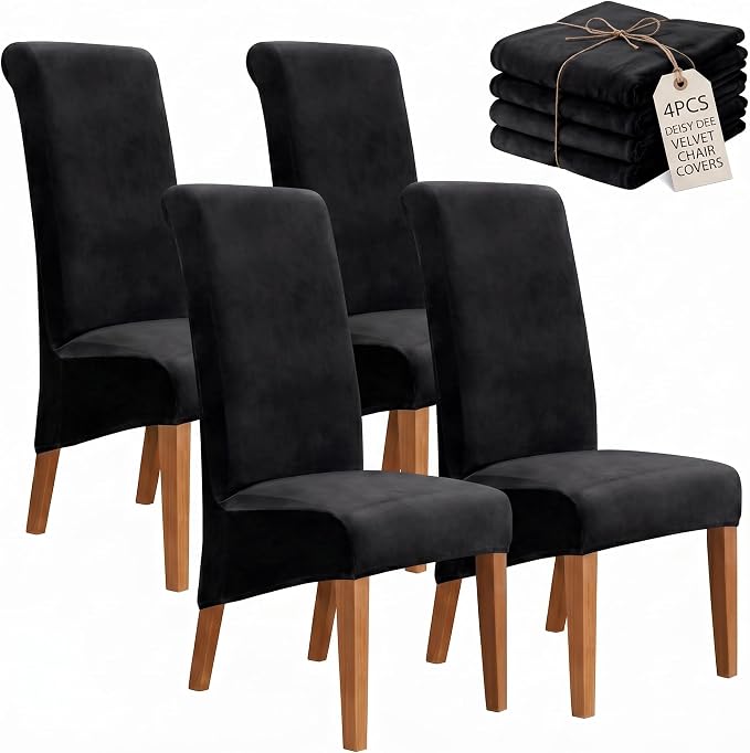 Deisy Dee Stretch XL/Oversized Extra Large Velvet Dining Room Chair Covers for Kitchen Dining，Removable Washable Chair Protectors Slipcovers (Black, 4)