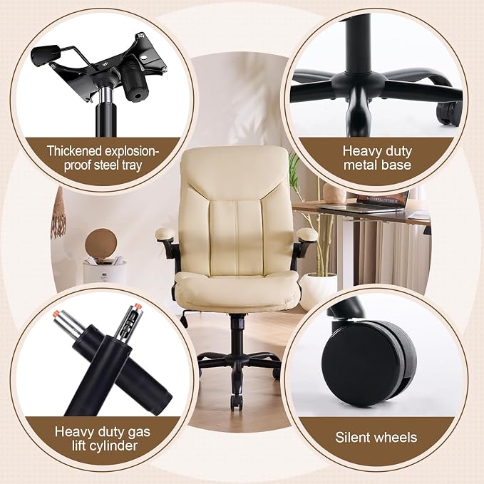 Leather Executive Office Chair - Ergonomic Computer Chair with Flip-up Arms Comfy PU Leather Home Desk Chairs Mid Back Support Adjustable Height Tilt Lock Swivel Rolling Wheels, Beige