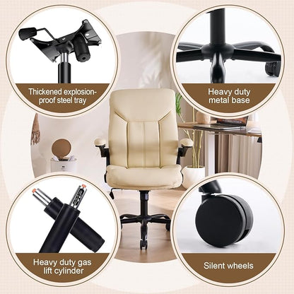 Leather Executive Office Chair - Ergonomic Computer Chair with Flip-up Arms Comfy PU Leather Home Desk Chairs Mid Back Support Adjustable Height Tilt Lock Swivel Rolling Wheels, Beige