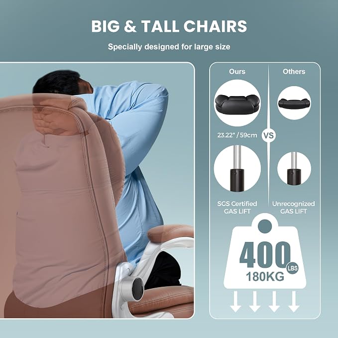 IWMH Executive Office Chair, Ergonomic Big and Tall Computer Desk Chair, High Back PU Leather Chair with Padded Flip-up Armrest, Lumbar Support Swivel Rolling Chairs Brown