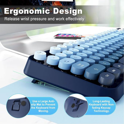 Wireless Keyboard and Mouse | Cute Colorful Keyboard and Mouse with 2.4GHz Cordless Retro Typewriter Keyboard | Auto-Sleep | USB Receiver for Windows PC/Laptop - Blue Gradient
