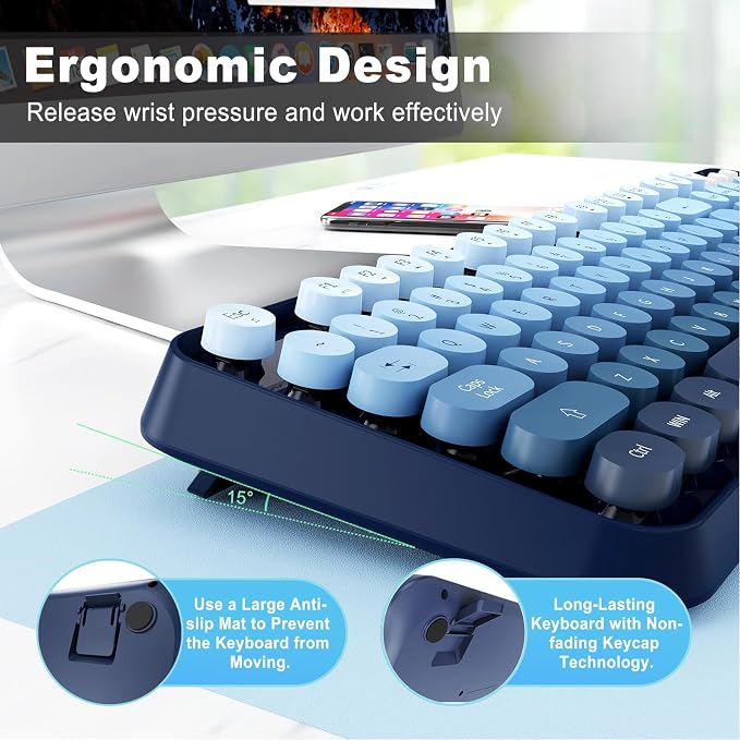Blue Wireless Keyboard and Mouse Combo, Retro Typewriter Style Round Key Keyboard, 2.4GHz Full Size Aesthetic Bubble Keyboard with Number Pad for Long Nail PC Laptop Desktop Computer