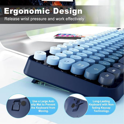 Blue Wireless Keyboard and Mouse Combo, Retro Typewriter Style Round Key Keyboard, 2.4GHz Full Size Aesthetic Bubble Keyboard with Number Pad for Long Nail PC Laptop Desktop Computer