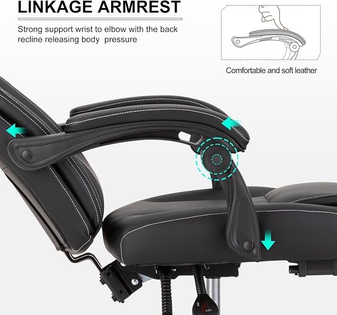 Reclining Office Chair with Footrest,Ergonomic Home Office Desk Computer Chair with Lumbar Support,Thick Executive Leather Chair,90-155° Adjustable (Black)