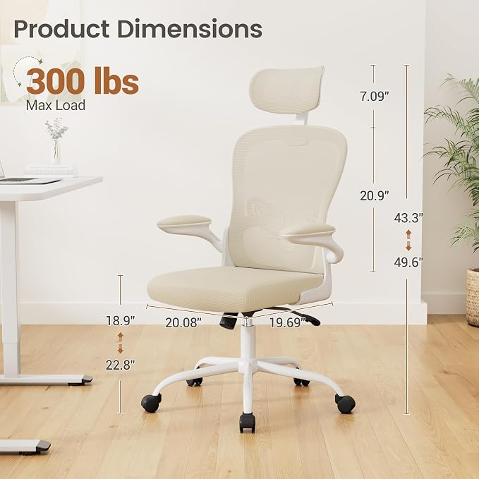 Homall Ergonomic Office Computer Chair，Computer Desk Chair with 3D Headrest Adjustable Lumbar Support，High Back Mesh Chair with Wheels for Office and Working from Home (Beige)