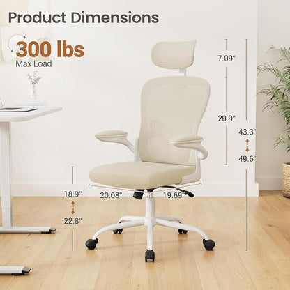 Homall Ergonomic Office Computer Chair，Computer Desk Chair with 3D Headrest Adjustable Lumbar Support，High Back Mesh Chair with Wheels for Office and Working from Home (Beige)