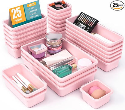 25 PCS Drawer Organizer Set, 4 Size Makeup Drawer Divider Organizer With Non-Slip Pads, Interlocking Plastic Storage Bins for Office,Jewelry Vanity,Gadgets, Bathroom,Kitchen, Pink