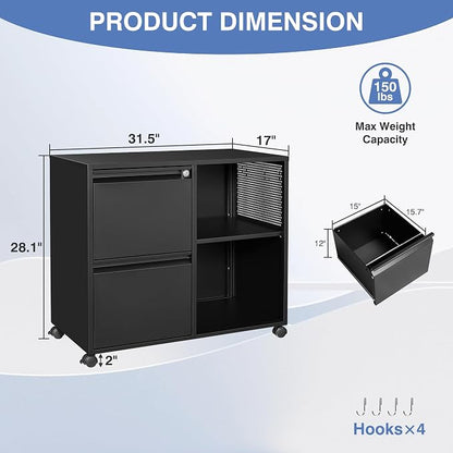 Mobile File Cabinet with Side Hook, 2 Drawer Lateral File Cabinet with Lock fits A4/Letters/Legal Size for Home Office,Metal Rolling Printer Stand with Open Storage Adjustable Shelves(Black)
