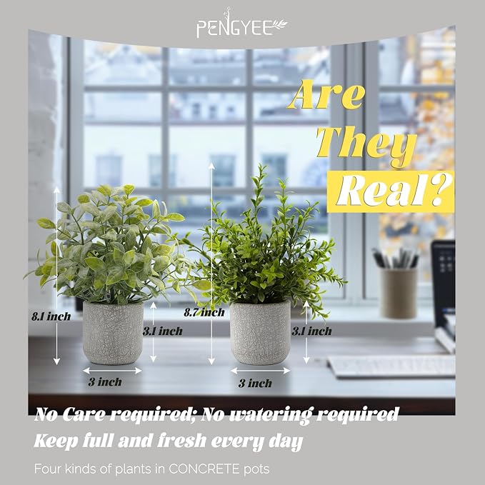 4 Pack Small Fake Plants in Farmhouse Concrete Planter | Artificial Plants Indoor, Home Decor, Bathroom Bedroom Shelf Desk Office Table Kitchen Room Decor