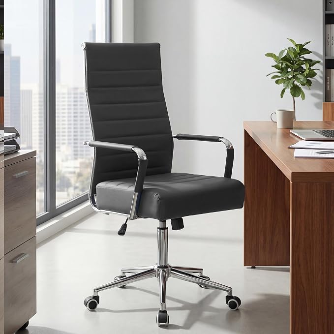 Office Desk Chair, Leather Conference Room Chairs with Wheels and Arms, Modern Ergonomic High Back Executive Ribbed Height Adjustable Swivel Chair for Home Office (Grey)