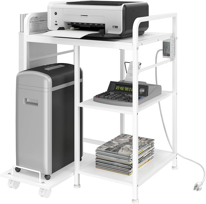 Sedegn Large Printer Stand with 3 AC Outlets for Home Office Devices | Heavy-Duty Printer Table for Laser Printer, Side Paper Storage Bag, 3-Tier Organizer for Shredder, PC Tower & Supplies, White