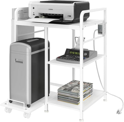 Sedegn Large Printer Stand with 3 AC Outlets for Home Office Devices | Heavy-Duty Printer Table for Laser Printer, Side Paper Storage Bag, 3-Tier Organizer for Shredder, PC Tower & Supplies, White