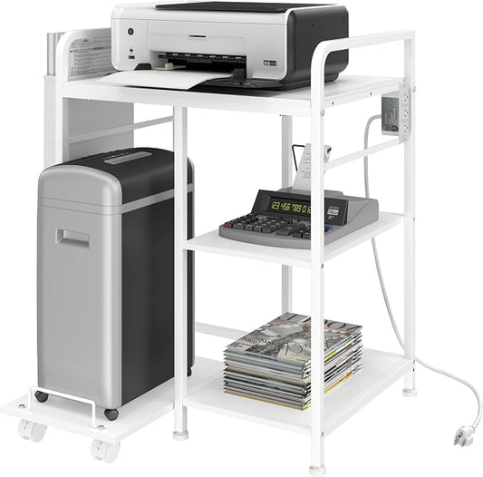 Sedegn Large Printer Stand with 3 AC Outlets for Home Office Devices | Heavy-Duty Printer Table for Laser Printer, Side Paper Storage Bag, 3-Tier Organizer for Shredder, PC Tower & Supplies, White