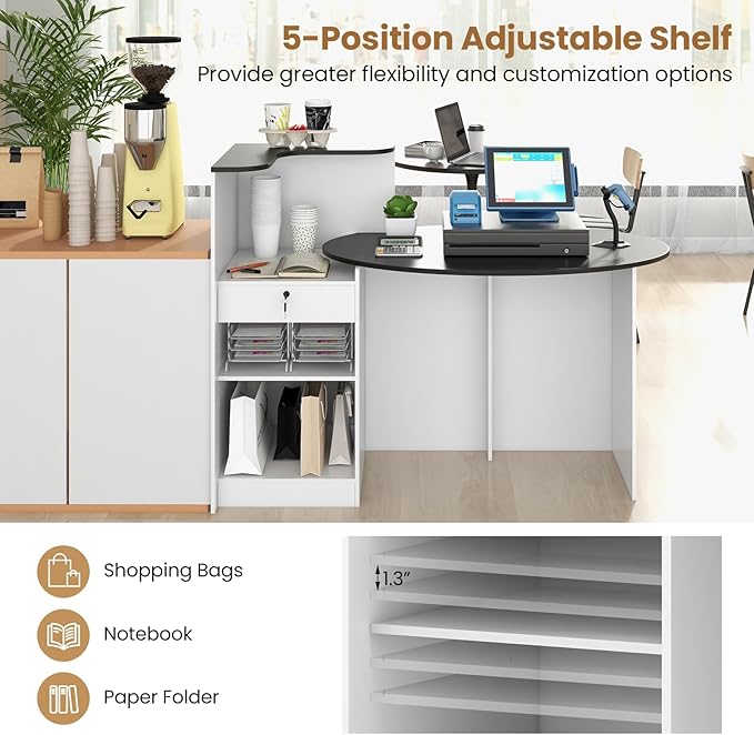 Tangkula Reception Desk, Front Counter Desk with Lockable Drawers, L Shaped Retail Counter with Oval Desktop, Checkout Computer Workstation for Salon Lobby Home Office