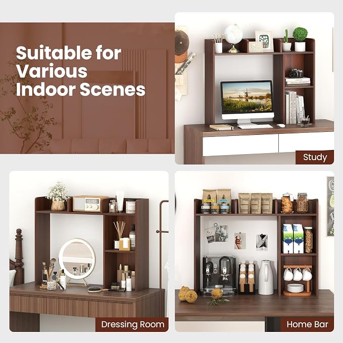 GOFLAME 5 Shelves Desktop Bookshelf, Wood Desk Hutch Dorm for Computer Desk, Countertop Display Rack, 3-Tier Desk Storage Organizer Shelf for Dormitory, Home Office, Study, Walnut