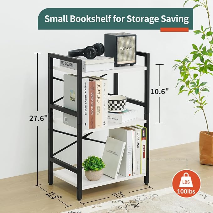 Yoobure Bookshelf Small Book Shelf, Solid Industrial 3 Tier Shelf Bookcase, Short Book Case for Bedroom, Living Room, Office Home, Small Spaces, Easy Assembly, White