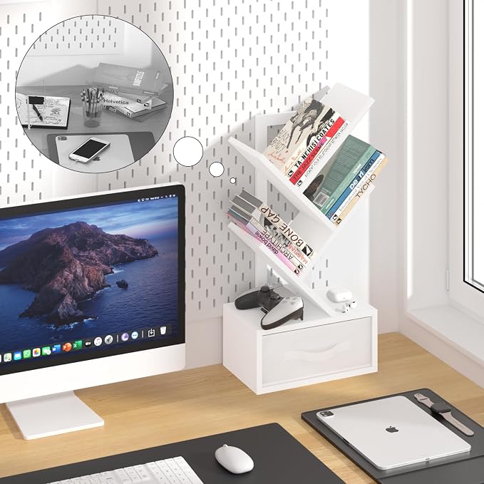 SHEEPAM Small Bookshelf with Drawer,4 Tier Tree Book Shelf,Wood Desk Bookshelves,Modern Free Standing Desktop Display Shelves,White Floor Standing Organizer Bookcase for Living Room,Bedroom,Office