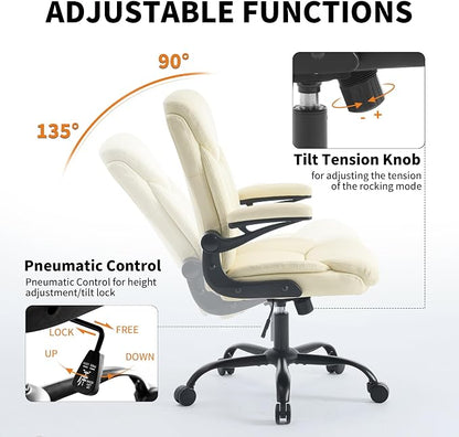 Home Office Ergonomic Desk Chair - Comfy Leather Executive Chair with Flip-Up Armrests, Height Adjustable Computer Chair for Gaming, 360° Swivel & Rocking (Beige)