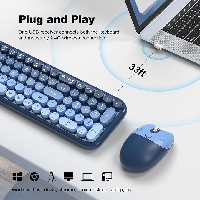 MOFII Wireless Keyboard and Mouse Combo, Compact Small Keyboard with Large Print, 2.4GHz Retro Typewriter Keyboard, Quiet Click Mouse for PC, Laptop, Desktop, Windows (Sea Blue Gradient)