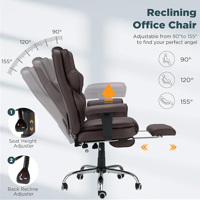 HOMREST Brown Ergonomic Office Chair | 6-Point Vibration Massage & Heat, Reclining Executive Chair, Adjustable Footrest and Armrests, PU Leather Big and Tall