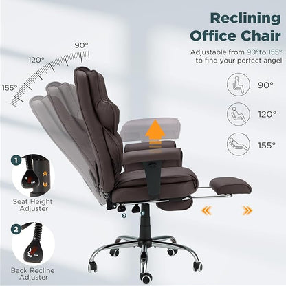 HOMREST Brown Ergonomic Office Chair | 6-Point Vibration Massage & Heat, Reclining Executive Chair, Adjustable Footrest and Armrests, PU Leather Big and Tall