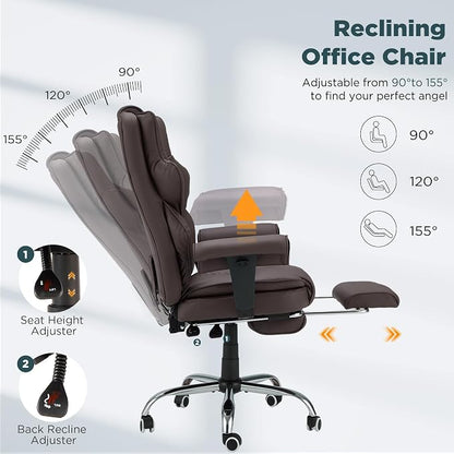 HOMREST Brown Ergonomic Office Chair | 6-Point Vibration Massage & Heat, Reclining Executive Chair, Adjustable Footrest and Armrests, PU Leather Big and Tall