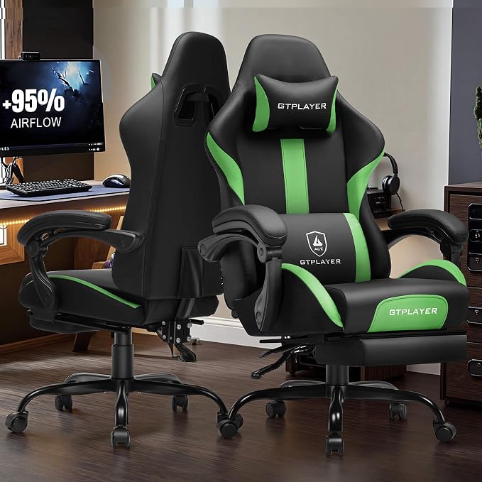 GTPLAYER Gaming Chair with Pocket Spring Cushion, Leather Office Chair with Ergonomic High Back & Lumbar Support for Back Pain Relief, Computer Game Chair for Adults, Grass Green