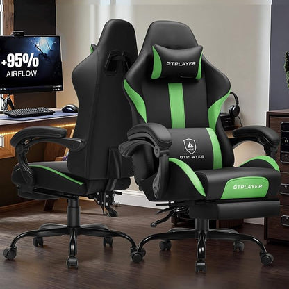 GTPLAYER Gaming Chair with Pocket Spring Cushion, Leather Office Chair with Ergonomic High Back & Lumbar Support for Back Pain Relief, Computer Game Chair for Adults, Grass Green