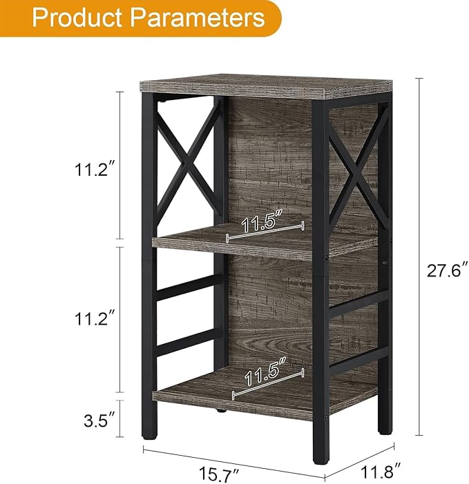 MNEETRUNG Small Bookcase,3 Tier Industrial Bookshelf with Metal Frame and Backboard,Low Grey Book Shelf,Book case for Small Spaces,Living Room,Bedroom and Home Office