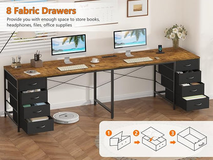 YOMILUVE 95'' Two Person Desk with 8 Drawers, Long Office Desk with Charging Station, 2 Person Desks Double Desk Writing Study Table for Home Office, Brown and White, Brown and Black
