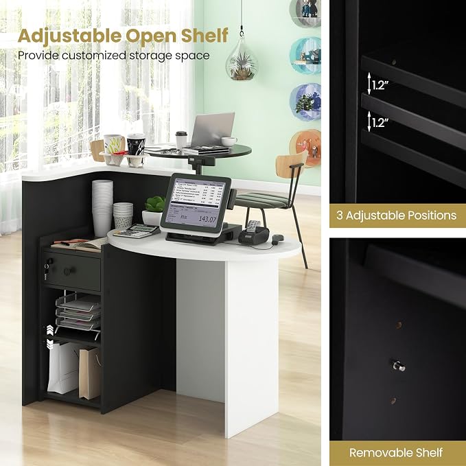Giantex Reception Desk, Front Counter Desk with Lockable Drawer, Checkout Table with Round Tabletop, Corner Shelf & Adjustable Shelf for Office Beauty Salon Retail Store (Black & White)