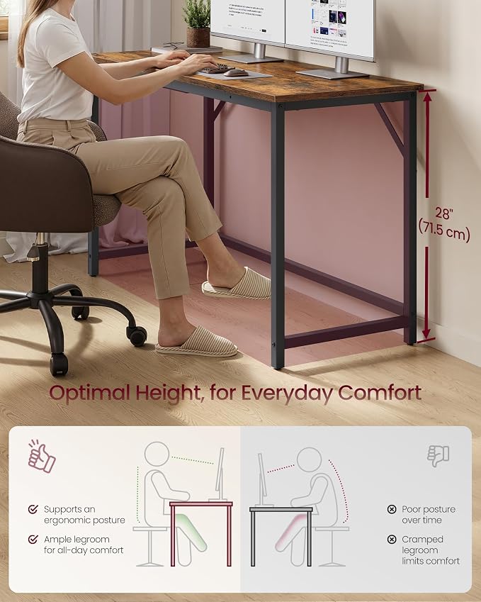 VASAGLE Computer Desk, Office Work Desk, 47.2 x 19.7 x 29.9 Inches, for Study, Bedroom, Home Office, Living Room, Rustic Brown and Ink Black ULWD212K101