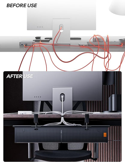 27" No Drill Under Desk Cable Management Tray (Black) | Fire-Resistant Thickened Nylon Material, Clip-on Cord Organizer to Hide Power Strip, Heat Dissipation Mesh Design, for Office