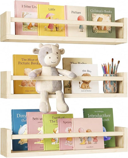 Fixwal Nursery Shelves, 16.5 Inch Floating Bookshelves for Wall Set of 3, Baby Nursery Decor, Solid Wood Wall Mounted Shelves for Books (Natural Wood)