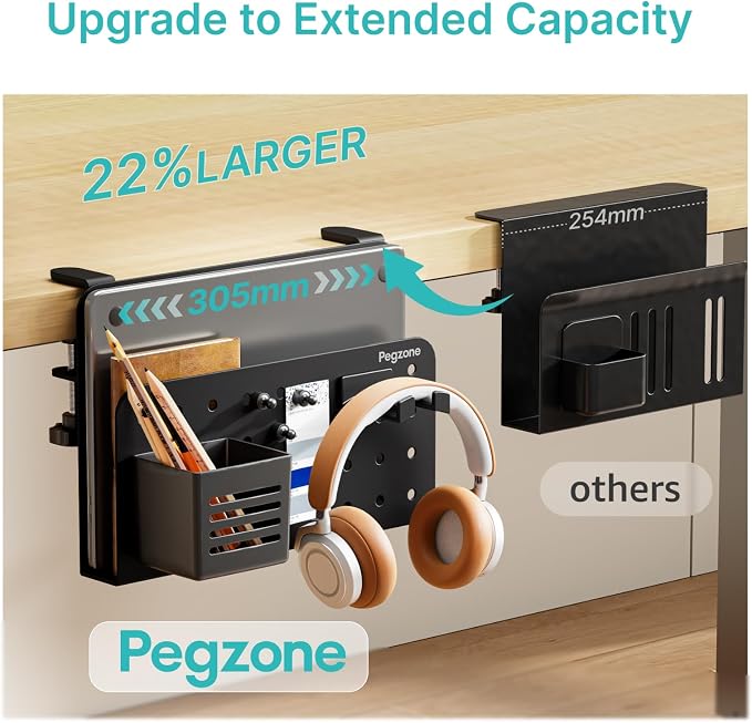 PEGZONE Desk Side Storage Organizer, No Drill Under Desk Laptop Holder, Clamp on Desks Shelf with Pegboard Accessories, Hanging Laptop Mount, Fits Flat Edge 0.4" to 2.2", Black