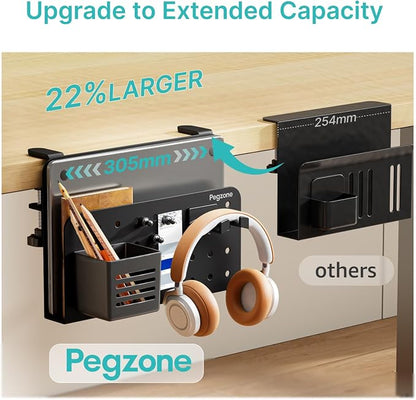PEGZONE Desk Side Storage Organizer, No Drill Under Desk Laptop Holder, Clamp on Desks Shelf with Pegboard Accessories, Hanging Laptop Mount, Fits Flat Edge 0.4" to 2.2", Black
