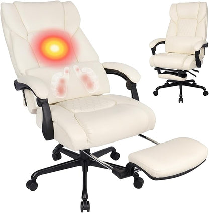 3D Kneading Massage Office Chair with Heat, 500 lbs Big and Tall Executive Computer Desk Recliner, Leather Electric Heated Office Chairs with Massage & Footrest