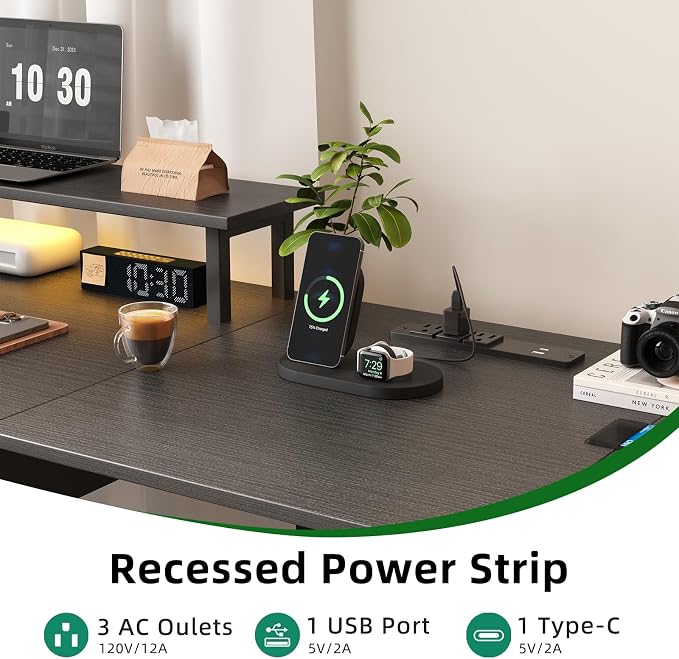 L Shaped Computer Desk, 78.7" Reversible Home Office Desk with Printer Storage Shelf & 3 Fabric Drawers, Two Person Desk with LED Lights & Power Outlet, Corner Gaming Desk with Monitor Shelf, Black