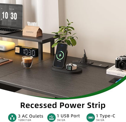 L Shaped Computer Desk, 78.7" Reversible Home Office Desk with Printer Storage Shelf & 3 Fabric Drawers, Two Person Desk with LED Lights & Power Outlet, Corner Gaming Desk with Monitor Shelf, Black