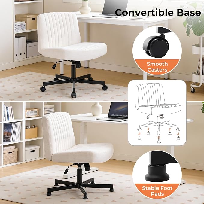 Convertible Base Criss Cross Office Chair with Pocket Springs & Thicker and Wider Cushions, Armless Criss Cross Chair Relieves Back Pain, Swivel Vanity Chair for Living Room/Office, White