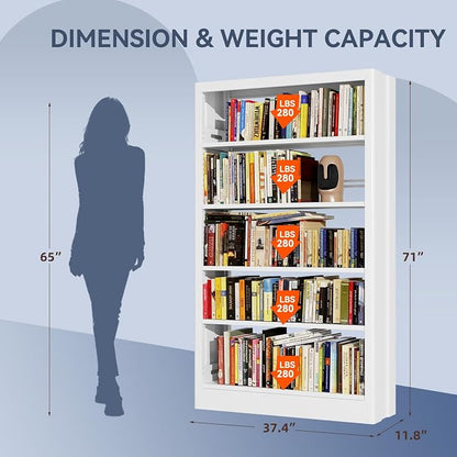71" Metal Bookshelf, 5 Tier Library Bookcase with Adjustable Shelves, Heavy Duty Bookshelves and Bookcases, Modern Book Shelf Tall Book Case for Living Room, Office (White, 37.4" Wide)