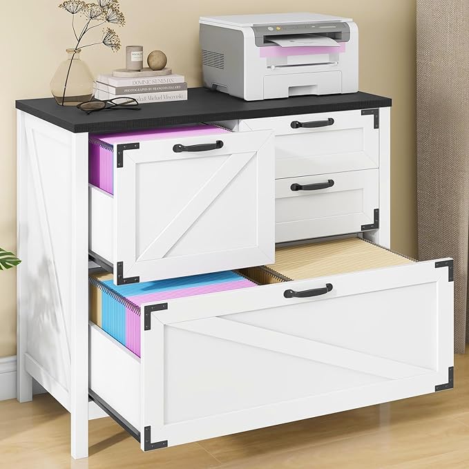 Halitaa Lateral File Cabinet with 4 Drawers Farmhouse File Cabinet for Letter/Legal/A4 Size Hanging Files, Large Wood File Storage Cabinets Printer Stand for Home Office Cabinet, White and Black