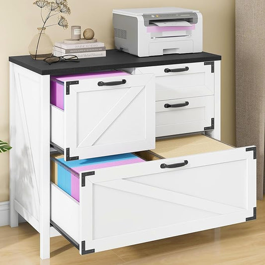 Halitaa Lateral File Cabinet with 4 Drawers Farmhouse File Cabinet for Letter/Legal/A4 Size Hanging Files, Large Wood File Storage Cabinets Printer Stand for Home Office Cabinet, White and Black