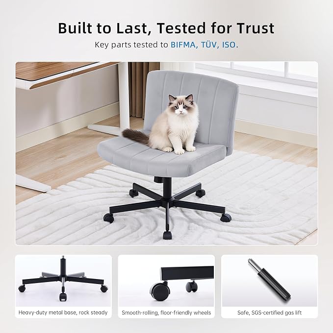 amseatec Criss Cross Chair, Wide Cross Legged Desk Chair with Wheels, Comfy Fabric Vanity Chair for Home Office, Adjustable Armless Swivel Task Chair with 90–115°Tilt（300Lbs/Gray）